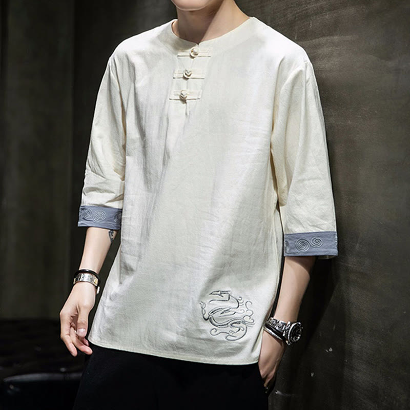 Ropa de hombre de lino y algodón, traje Tang chino con bordado de dragón y botones de rana de Buddha Stones, camisa de manga tres cuartos - image 4
