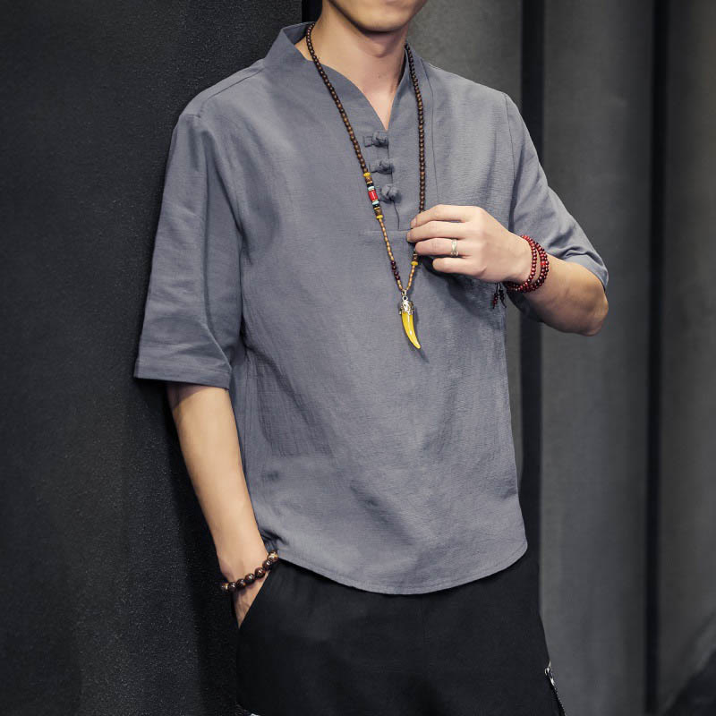 Camisa informal de verano de media manga con Buddha Stones , ropa de algodón para hombre - Gris - US/UK/AU46, EU56 (5XL) - image 16