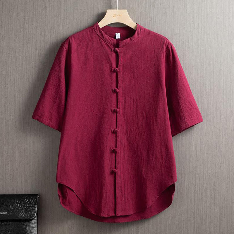 Buddha Stones Rana Botón Liso Chino Tang Traje Camisa De Manga Corta Algodón Lino Ropa De Hombre - Rojo indio - US/UK/AU46, EU56 (5XL) - image 1