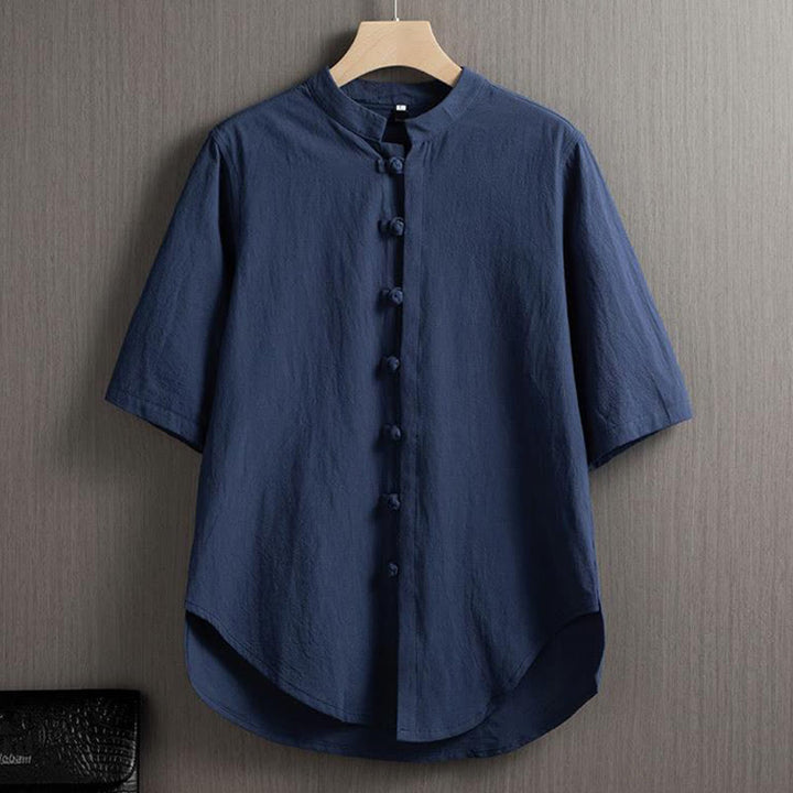 Buddha Stones Rana Botón Liso Chino Tang Traje Camisa De Manga Corta Algodón Lino Ropa De Hombre - Azul acero - US/UK/AU46, EU56 (5XL) - image 6