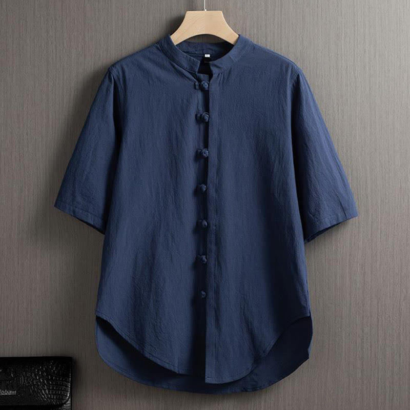 Buddha Stones Rana Botón Liso Chino Tang Traje Camisa De Manga Corta Algodón Lino Ropa De Hombre - Azul acero - US/UK/AU46, EU56 (5XL) - image 6