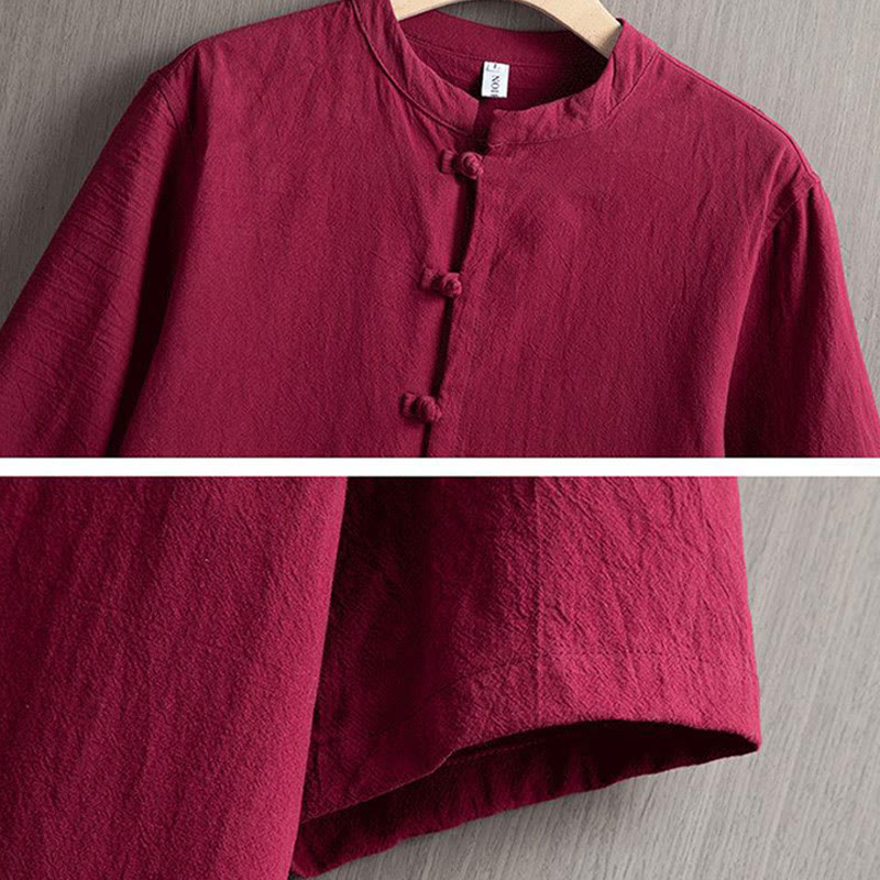 Buddha Stones Rana Botón Liso Chino Tang Traje Camisa De Manga Corta Algodón Lino Ropa De Hombre - image 3