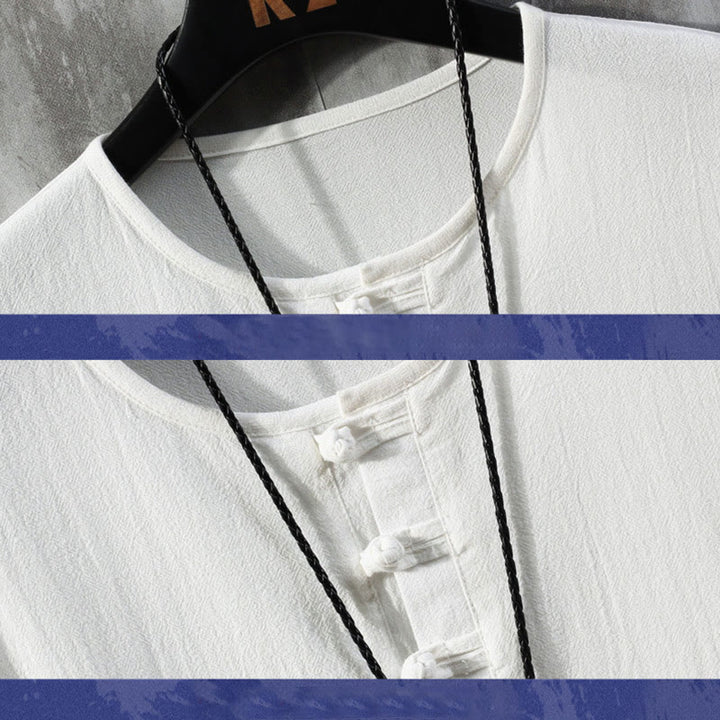 Buddha Stones Botón de Rana Color Liso Traje Tang Chino Camisa de Media Manga Ropa de Lino para Hombres - image 2