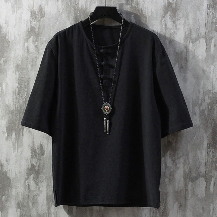 Camisa de manga corta para hombre con estampado de Buddha Stones y botones de rana, color liso, estilo traje chino Tang. - Negro - US/UK/AU46, EU56 (5XL)  - image 4