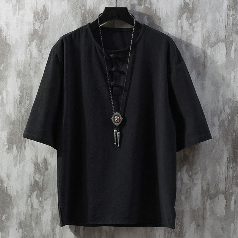 Buddha Stones Botón de Rana Color Liso Traje Tang Chino Camisa de Media Manga Ropa de Lino para Hombres - Negro - US/UK/AU46, EU56 (5XL)  - image 4