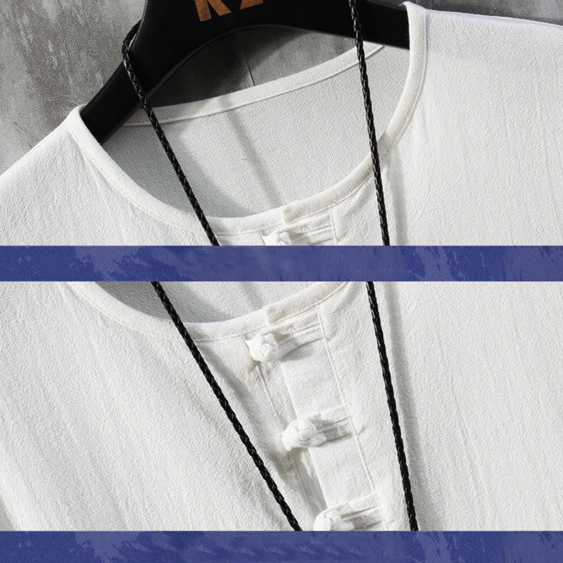 Buddha Stones Botón de Rana Color Liso Traje Tang Chino Camisa de Media Manga Ropa de Lino para Hombres - image 2