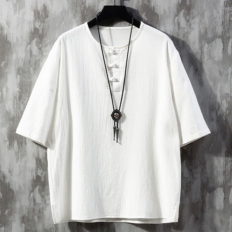Camisa de manga corta para hombre con estampado de Buddha Stones y botones de rana, color liso, estilo traje chino Tang. - Blanco - US/UK/AU46, EU56 (5XL)  - image 1