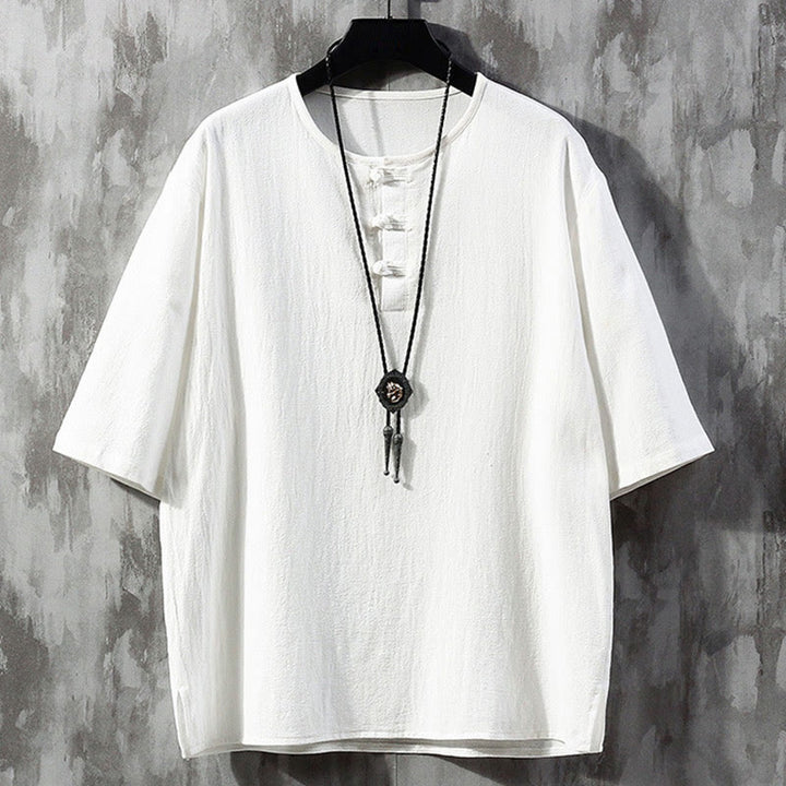 Camisa de manga corta para hombre con estampado de Buddha Stones y botones de rana, color liso, estilo traje chino Tang. - Blanco - US/UK/AU46, EU56 (5XL)  - image 1