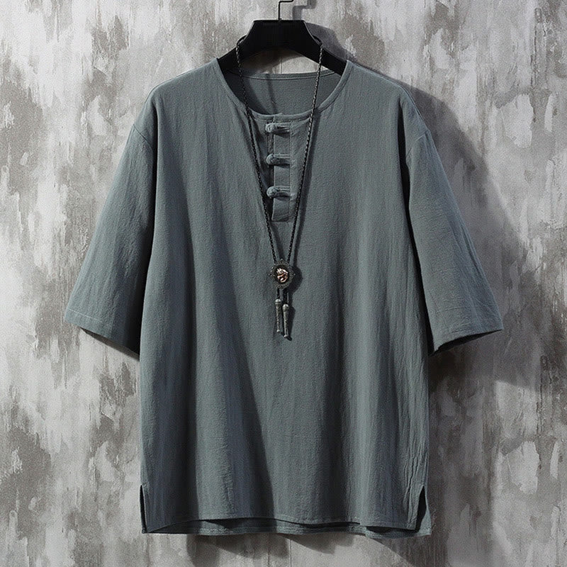 Buddha Stones Botón de Rana Color Liso Traje Tang Chino Camisa de Media Manga Ropa de Lino para Hombres - Gris pizarra claro - US/UK/AU46, EU56 (5XL)  - image 1