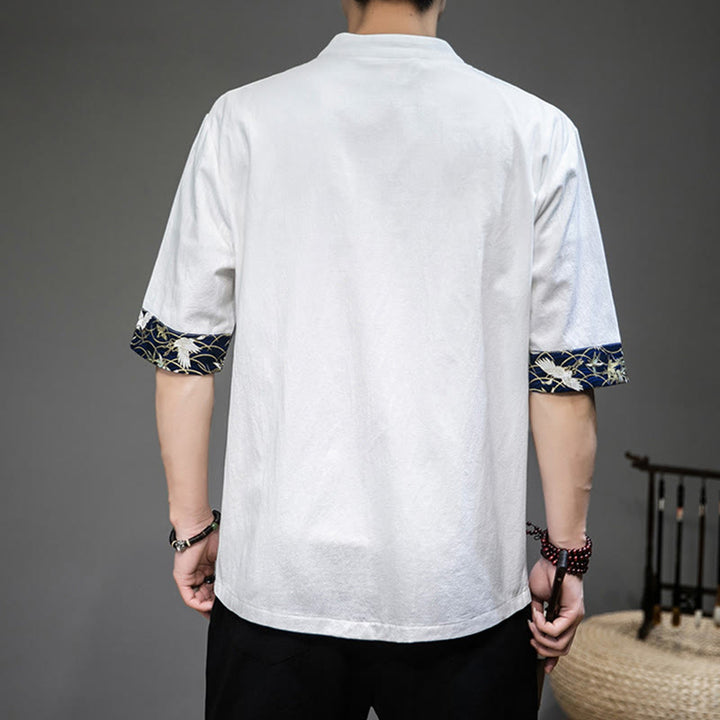 Traje chino Tang con botones de rana y Buddha Stones , camisa de grulla de media manga, ropa de lino para hombre - image 2