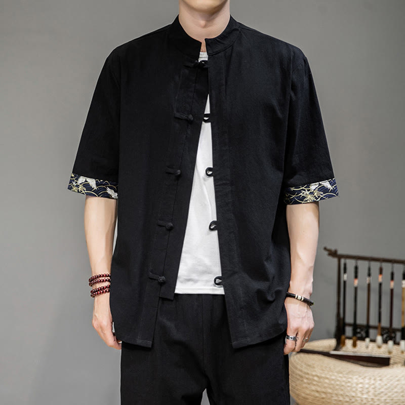 Traje chino Tang con botones de rana y Buddha Stones , camisa de grulla de media manga, ropa de lino para hombre - image 5