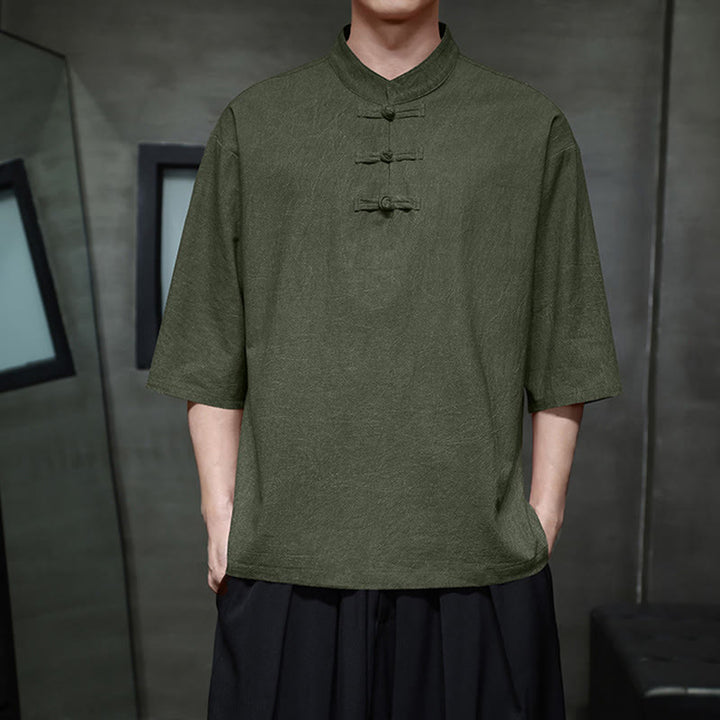 Buddha Stones Camisa de lino de algodón de media manga con botón de rana china para hombre - Verde oliva oscuro - US/UK/AU46, EU56 (5XL)  - image 0