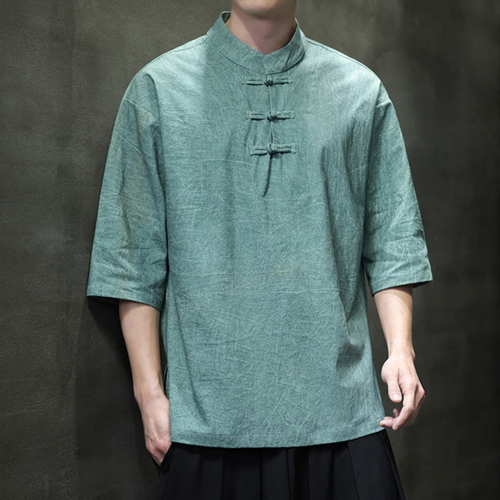 Buddha Stones Camisa de lino de algodón de media manga con botón de rana china para hombre - Aguamarina mediana - US/UK/AU46, EU56 (5XL)  - image 6
