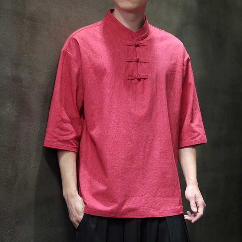 Buddha Stones Camisa de lino de algodón de media manga con botón de rana china para hombre - Salmón - US/UK/AU46, EU56 (5XL)  - image 12