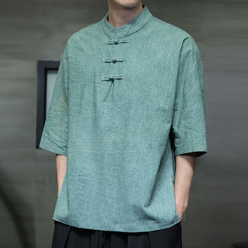 Buddha Stones Camisa de lino de algodón de media manga con botón de rana china para hombre - image 11