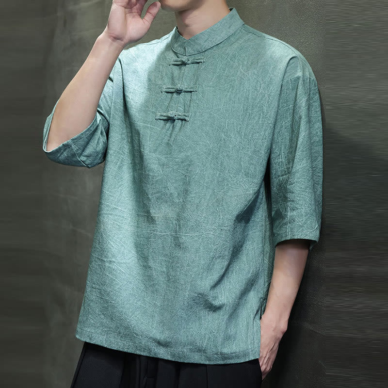 Buddha Stones Camisa de lino de algodón de media manga con botón de rana china para hombre - image 10
