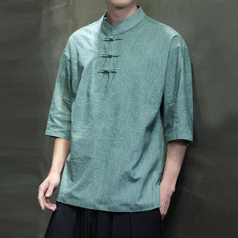 Buddha Stones Camisa de lino de algodón de media manga con botón de rana china para hombre - image 12