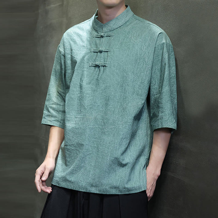 Buddha Stones Camisa de lino de algodón de media manga con botón de rana china para hombre - image 12