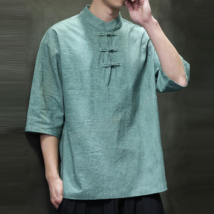 Buddha Stones Camisa de lino de algodón de media manga con botón de rana china para hombre - image 8