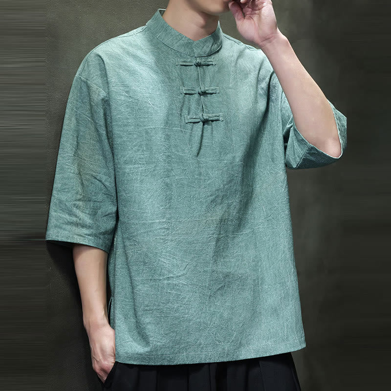Buddha Stones Camisa de lino de algodón de media manga con botón de rana china para hombre - image 9