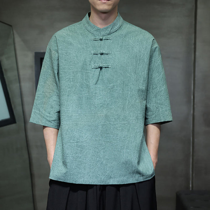 Buddha Stones Camisa de lino de algodón de media manga con botón de rana china para hombre - image 6