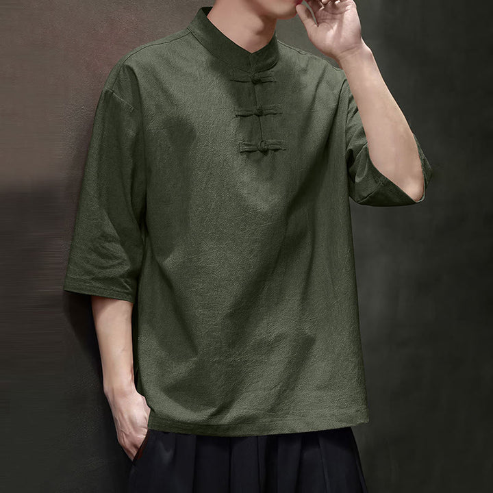 Buddha Stones Camisa de lino de algodón de media manga con botón de rana china para hombre - image 5