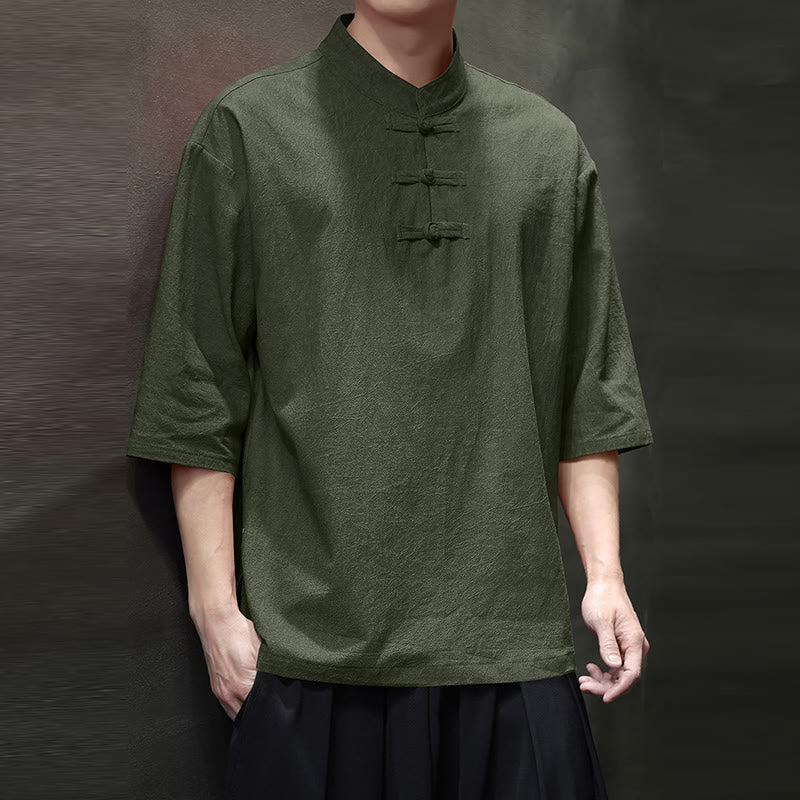 Buddha Stones Camisa de lino de algodón de media manga con botón de rana china para hombre - image 2