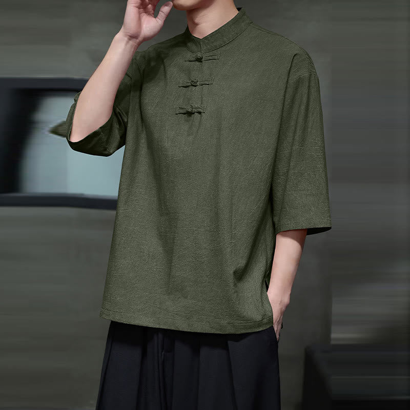 Buddha Stones Camisa de lino de algodón de media manga con botón de rana china para hombre - image 2