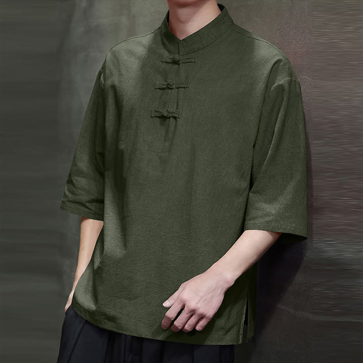 Buddha Stones Camisa de lino de algodón de media manga con botón de rana china para hombre - image 4