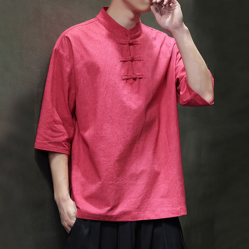 Buddha Stones Camisa de lino de algodón de media manga con botón de rana china para hombre - image 20