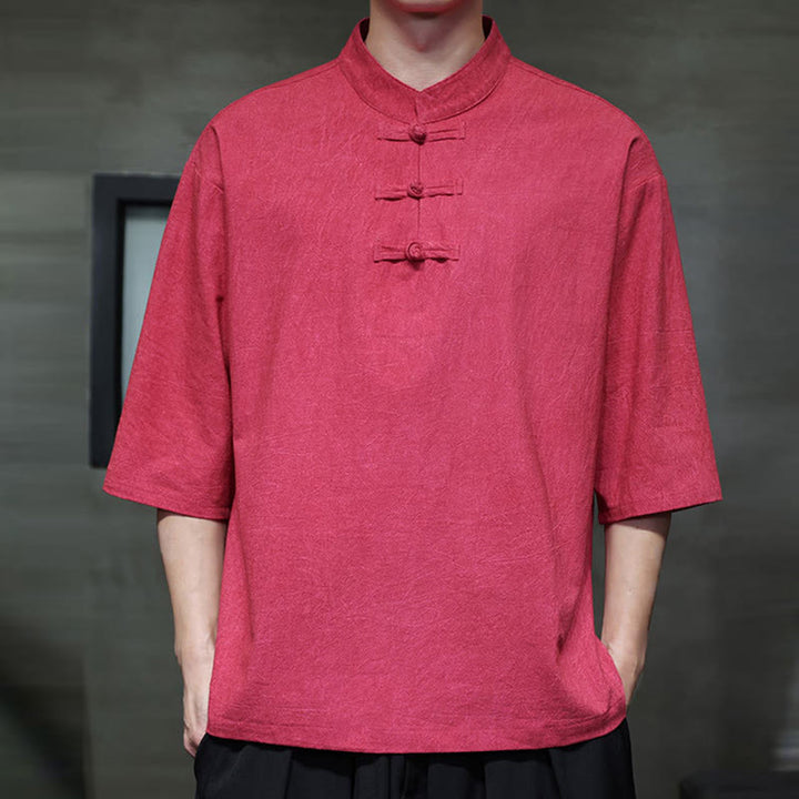 Buddha Stones Camisa de lino de algodón de media manga con botón de rana china para hombre - image 13