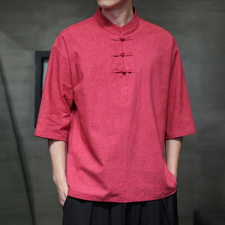 Buddha Stones Camisa de lino de algodón de media manga con botón de rana china para hombre - image 17