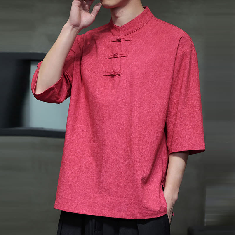 Buddha Stones Camisa de lino de algodón de media manga con botón de rana china para hombre - image 18