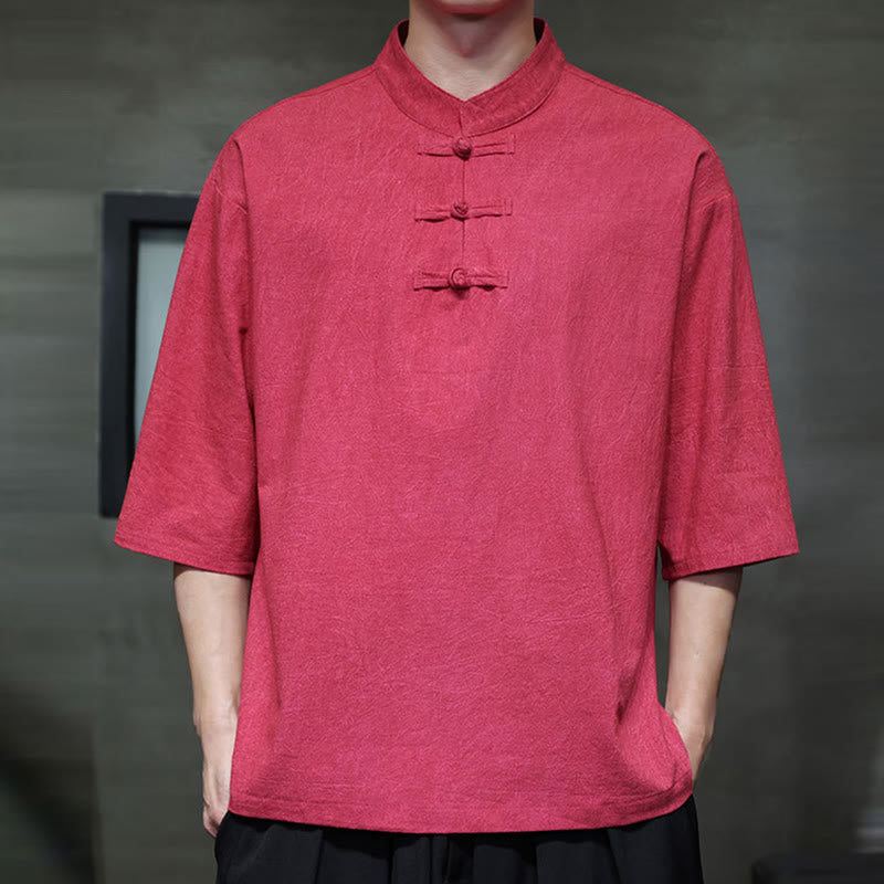 Buddha Stones Camisa de lino de algodón de media manga con botón de rana china para hombre - image 14