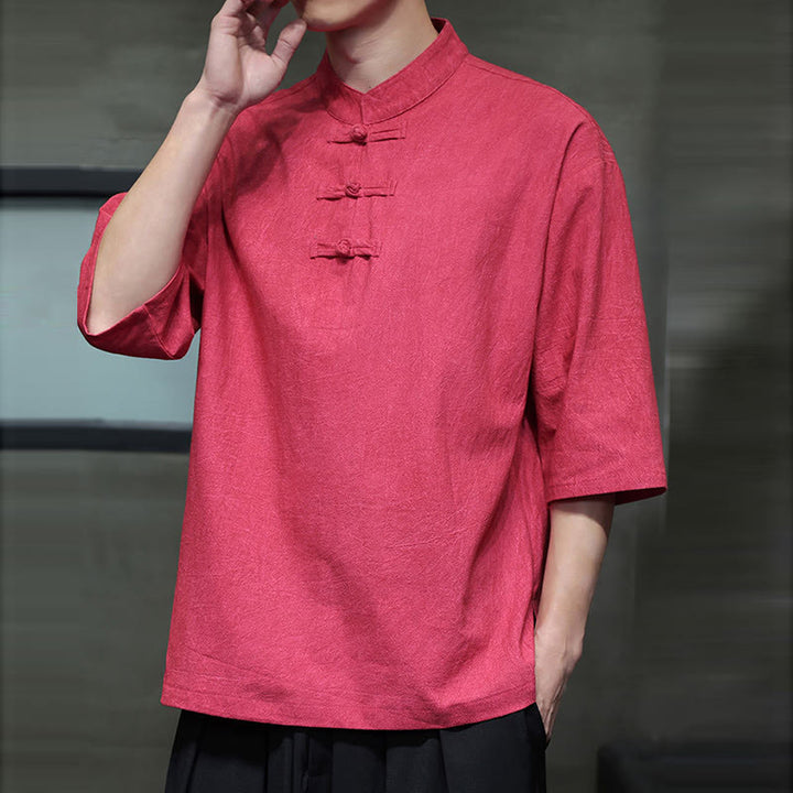 Buddha Stones Camisa de lino de algodón de media manga con botón de rana china para hombre