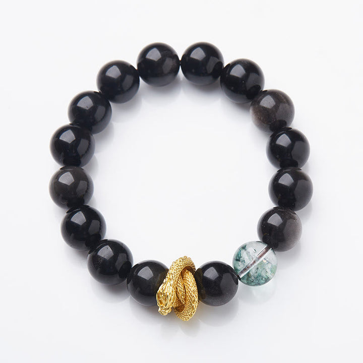 Pulsera de protección fantasma verde dragón obsidiana con brillo de plata natural con Buddha Stones