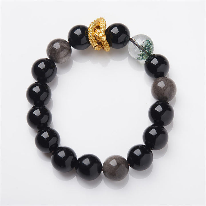 Pulsera de protección fantasma verde dragón obsidiana con brillo de plata natural con Buddha Stones
