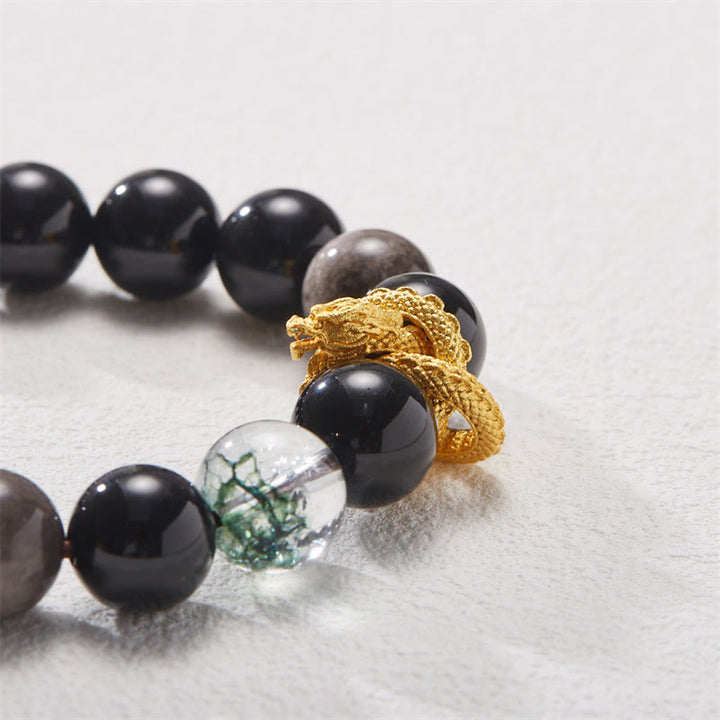 Pulsera de protección fantasma verde dragón obsidiana con brillo de plata natural con Buddha Stones