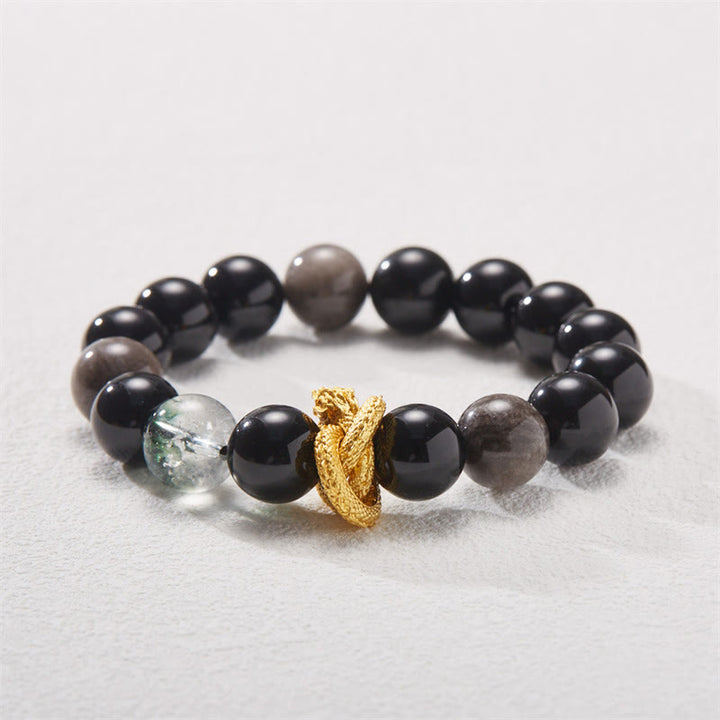 Pulsera de protección fantasma verde dragón obsidiana con brillo de plata natural con Buddha Stones
