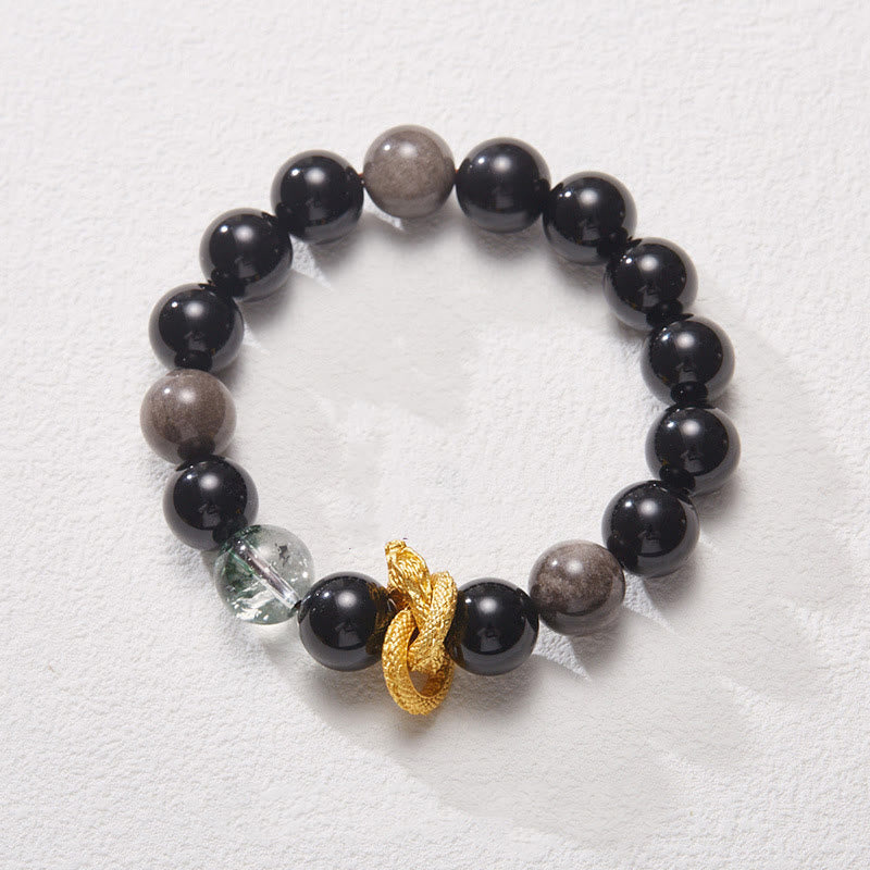 Pulsera de protección fantasma verde dragón obsidiana con brillo de plata natural con Buddha Stones