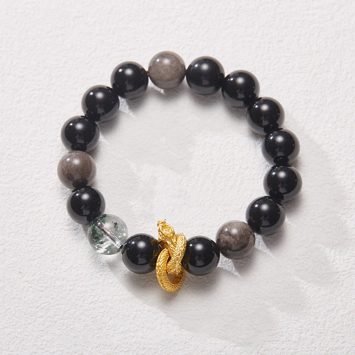 Pulsera de protección fantasma verde dragón obsidiana con brillo de plata natural con Buddha Stones