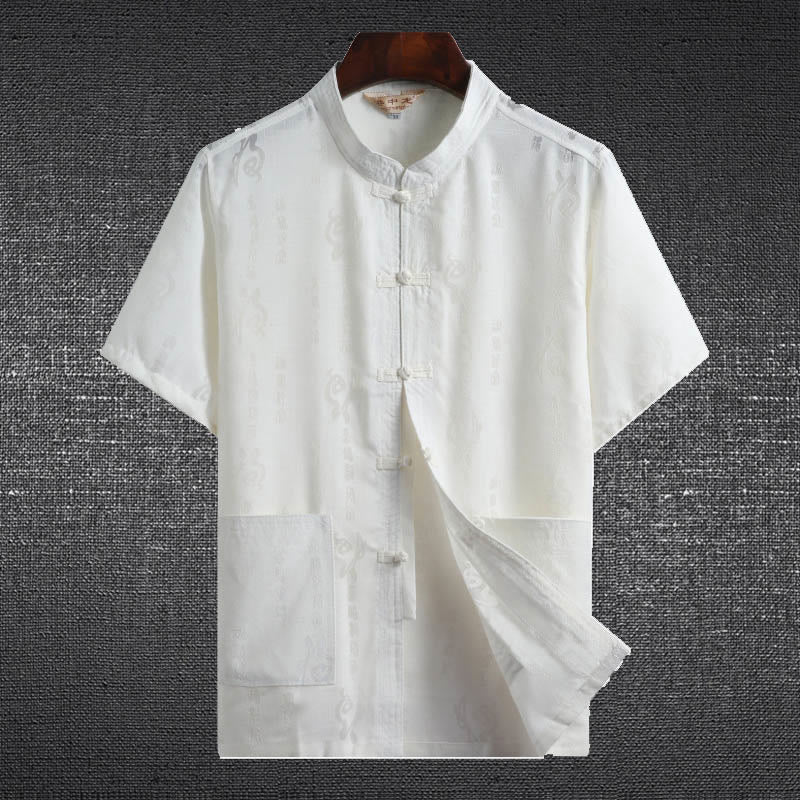 Buddha Stones botón de rana Fu personaje dragón hoja de bambú traje chino camisa de manga corta de lino con bolsillos - Blanco - Personaje Fu - US/UK/AU46，EU56 (4XL)  - image 3