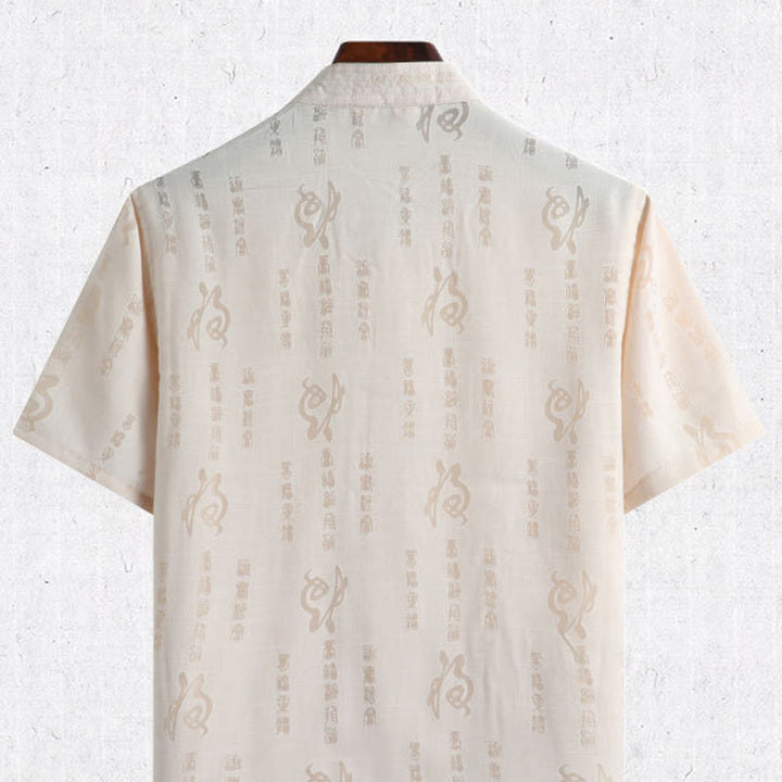 Buddha Stones botón de rana Fu personaje dragón hoja de bambú traje chino camisa de manga corta de lino con bolsillos - image 1