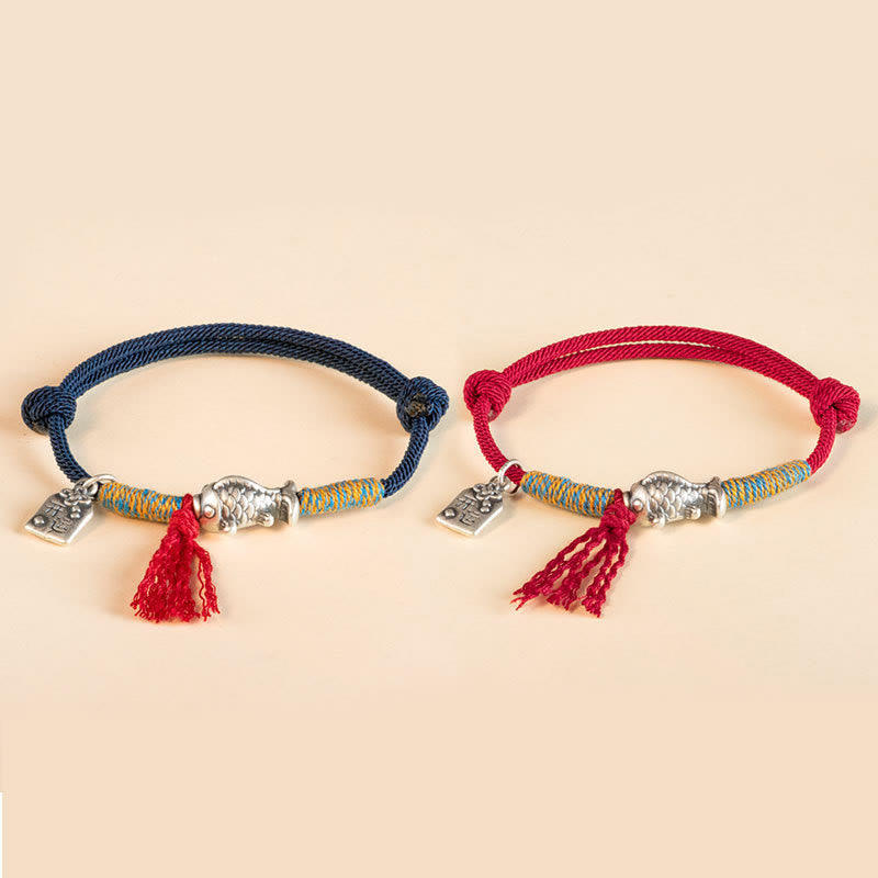 Pulsera de protección de peces Koi de la suerte con hilo rojo de plata de ley 999 con Buddha Stones