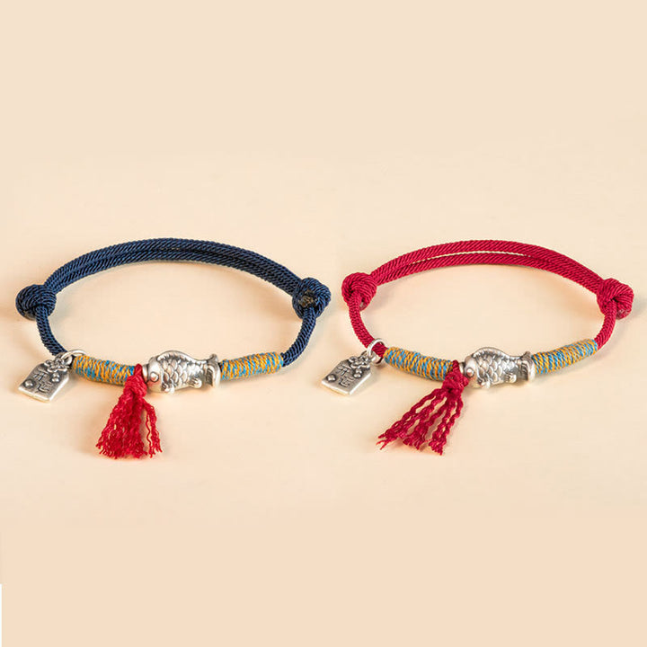 Pulsera de protección de peces Koi de la suerte con hilo rojo de plata de ley 999 con Buddha Stones