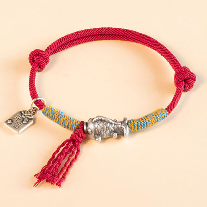 Pulsera de protección de peces Koi de la suerte con hilo rojo de plata de ley 999 con Buddha Stones