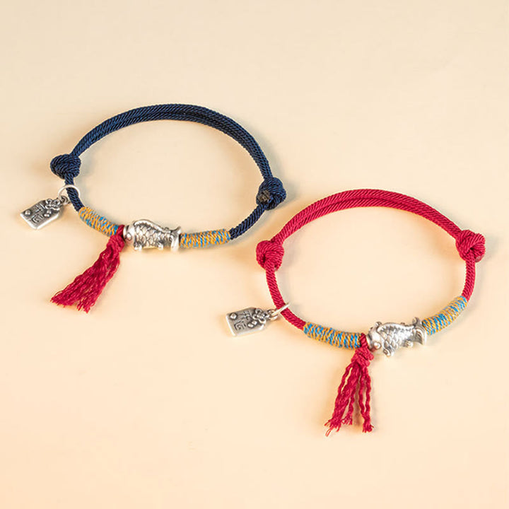 Pulsera de protección de peces Koi de la suerte con hilo rojo de plata de ley 999 con Buddha Stones