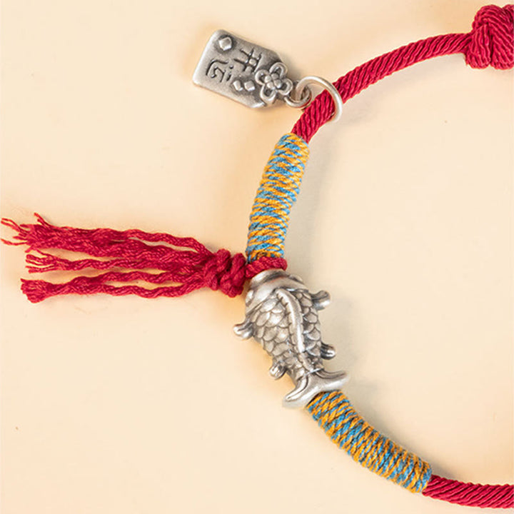 Pulsera de protección de peces Koi de la suerte con hilo rojo de plata de ley 999 con Buddha Stones
