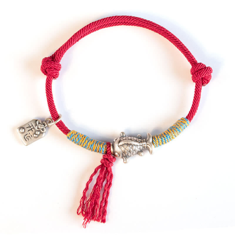 Pulsera de protección de peces Koi de la suerte con hilo rojo de plata de ley 999 con Buddha Stones