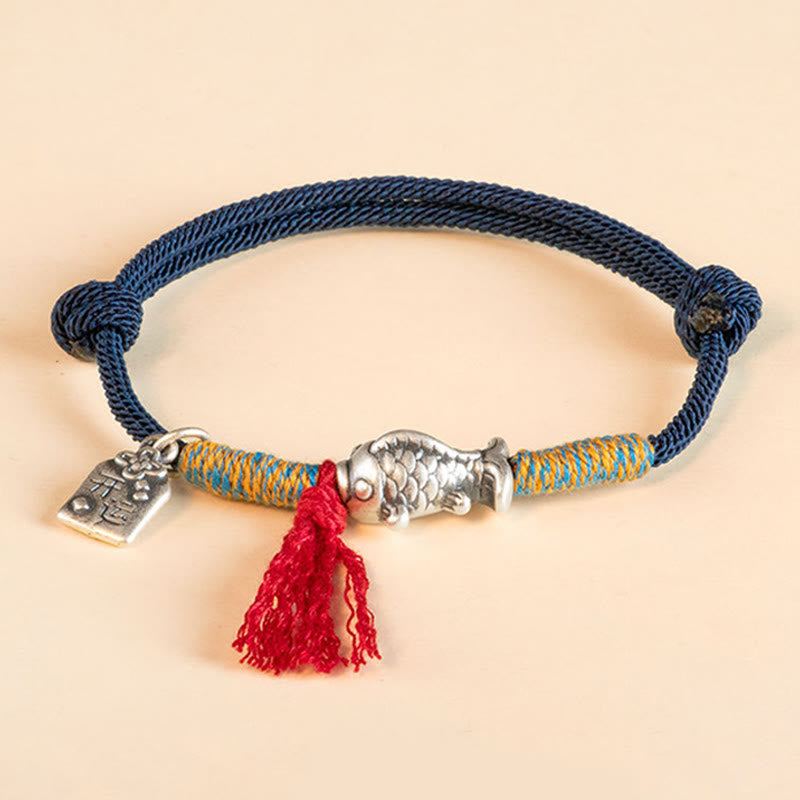Pulsera de protección de peces Koi de la suerte con hilo rojo de plata de ley 999 con Buddha Stones